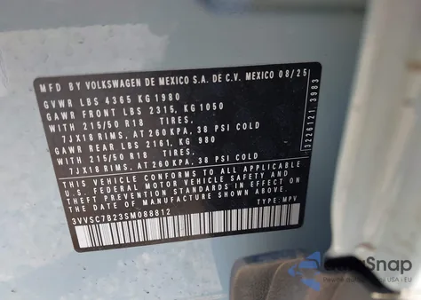 2025 Volkswagen Taos 1.5T Se z USA, uszkodzony, nr VIN 3VVSC7B23SM088812